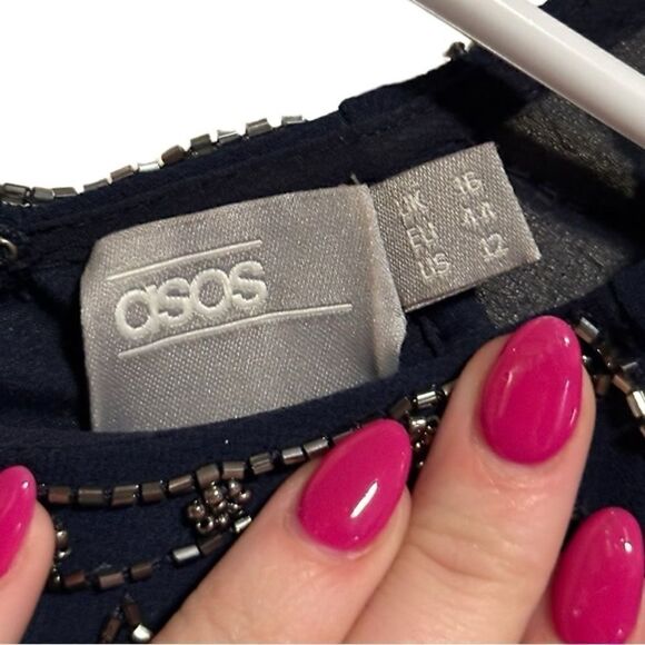 ASOS- Women’s Navy Blue Floor Length Embellished Dress Flutter Sleeve, Size 12 - Picture 3 of 16